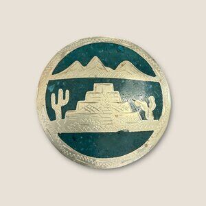 Handcrafted Mexican Alpaca  & Turquoise Inlay Brooch With Desert Scene 2.25" x 2